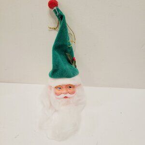 Vtg Santa Clause Rubber Face Green Hat With Glasses Holiday Christmas Ornament